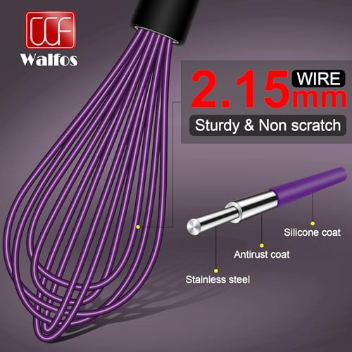 Walfos Whisk, Silicone Whisks Set of 5, Mini Stainless Steel Whisk 7+5in & Non Scratch Coated 7+9+11in Whisks, Suitable for Blending, Whisking, Beating, Frothing & Stirring. (Purple) by Walfos - Image 3