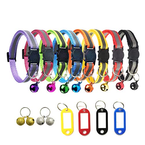 TCBOYING Breakaway Cat Collar with Bell & ID Tag, Mixed Colors Reflective Cat Collars - Ideal Size Weatherproof ID Tags Pet Collars for Cats or Small Dogs(8pcs Set)