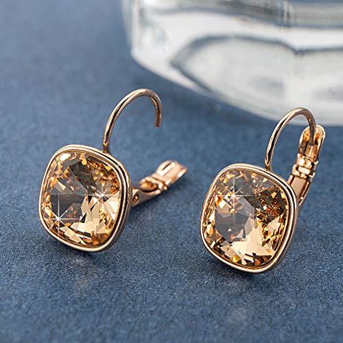 Austrian Crystal Square Cushion Drop Leverback Earrings for Women 14K Rose Gold Plated Hypoallergenic Jewelry3