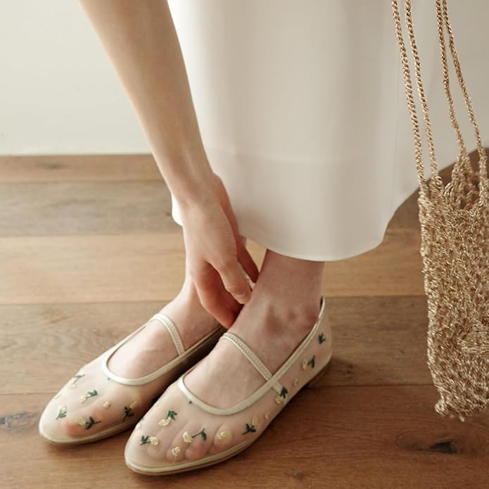 Image of Nude Mesh Ballet Flats for Women Tulle Floral Embroidered Mary Jane Ballerina Round Toe Comfortable Daily Dress Ballet Flats Shoes with Strap