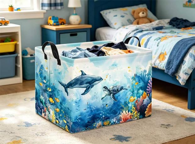 Image of Rectangular Baby Kids Storage Basket for Home Kitchen Girls Cute Toy Storage Bin Organizer Shelf Book Room Decor(Marine Animals)