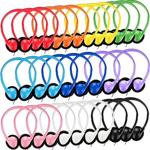 Ladont 30 Pack Kids Headphones Bulk for School Classroom Wired Headphone for Kids Students Child Toddler Teens Boy Girl Wholesale Multi Color 3.5mm Headphones for Library Airplane