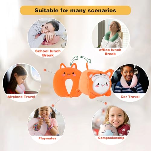 Image of Kids Travel Pillow - 2-in-1 Deformable Kids Neck Pillow for Traveling, Soft U-Shaped Pillow with Adorable Animal Design, Comfy Sleep and Play, Ideal for Airplanes and Traveling (QQ Orange Fox)