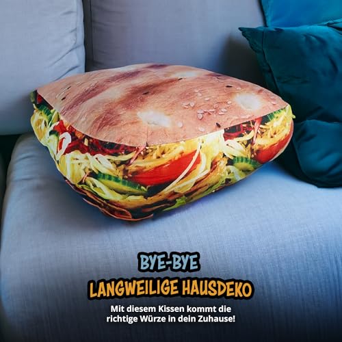 United Labels Döner Kebab Kissen, Kopfkissen 40x30 cm, Sofakissen in Dönertüte, Dekokissen, lustiges Geschenk für Kinder und Erwachsene
