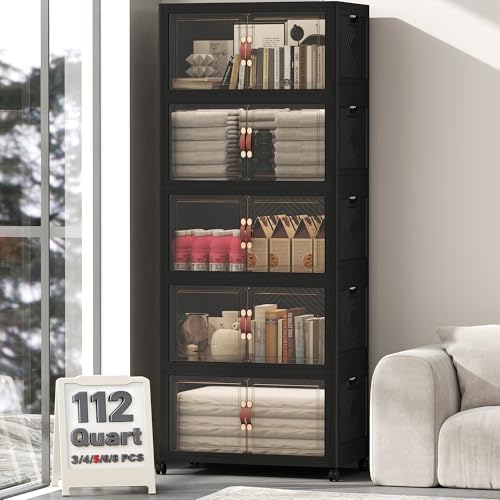 Image of UAMFURI 560QT Lockable Storage Bins with Lids - Stackable Storage Cabinet with Doors and Wheels, Collapsible Plastic Organizer and Containers for Closets, Office, 5 Pack Cubes