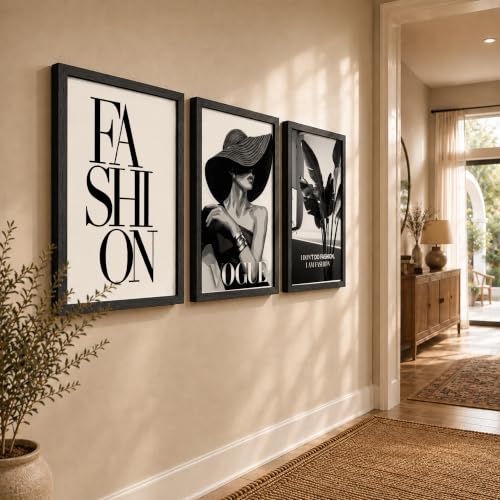 Image of NoWorries Modern Fashion Wall Art Frame Paintings 300 GSM Premium Prints | Vogue Lady Art, Botanical Print & Typography Frames | Stylish Home Decor for Living Room, Office & Bedroom | Synthetic Wooden Finish Wall Art Frames (Set of-3) (BLACK, ART-13, 25X37INCHES)
