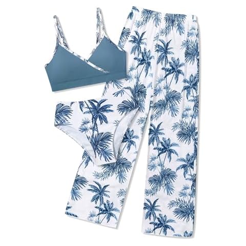 Oranchids Girls Swimsuits Size 10-12 Girls Bathing Suit 3 Piece Tropical Print V Neck Bikini Set with Cover Up Pants Swimsuits for Teen Girls Bathing Suits Size 10-12 Blue Palm Size 11-12 Cover