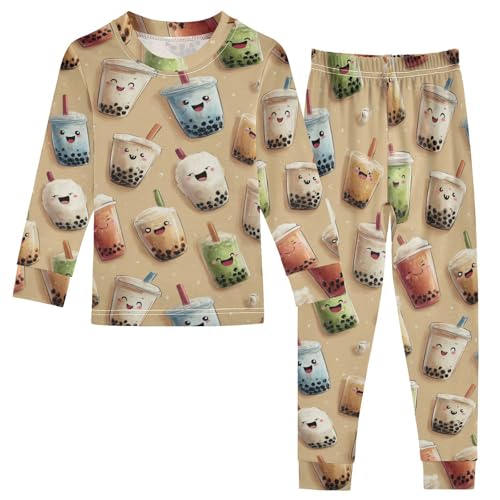 Pajama Sets Long Sleeve Cute Bubble Tea Pattern Soft Comfy Sleepwear 2 Piece PJS 3-8T