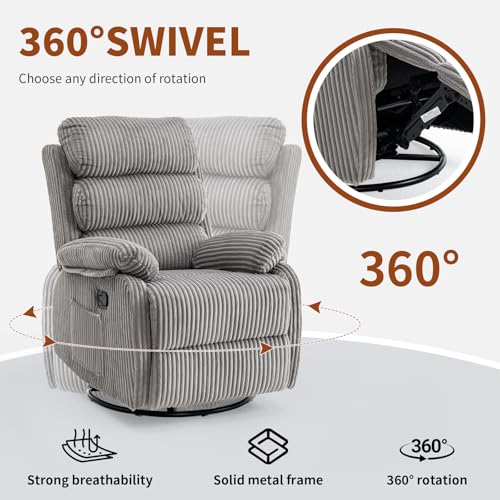 Image of Premium Velvet 360 Swivel Rocker Recliner with Extended Footrest - High Back Glider Chair for Nursery, Living Room & Small Spaces, Featuring Padded Armrests and Handy Side Pocket, Grey