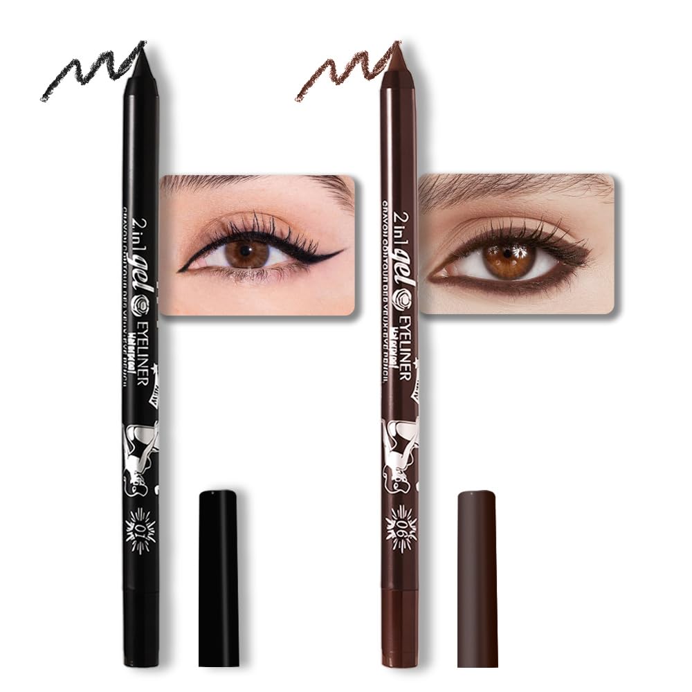 evpct 2Pcs Black & Dark Brown Color Gel Glitter Eyeliner Pencils Set for Women Waterline Waterproof Smudge Proof lapiz de ojos delineador de ojos