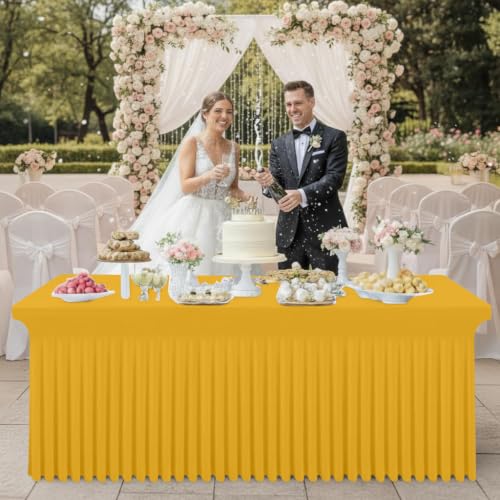 Image of Smiry Spandex Elastic Fitted Table Cloth Skirt for 8FT Rectangle Table | Stretch Washable Table Cloth, Banquet Table Cover for Wedding, Party, Indoor & Trade Shows, (Mustard Yellow, 96Lx30Wx30H)