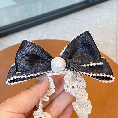 Bow Lace Headbands for Baby Girls Soft Tulle Ribbon Pearl Head Wrap Elastic Bow-knot Hair Band Shower Birthday Hair Accessory for Newborn Infant Toddler (Black B, Elastic)4