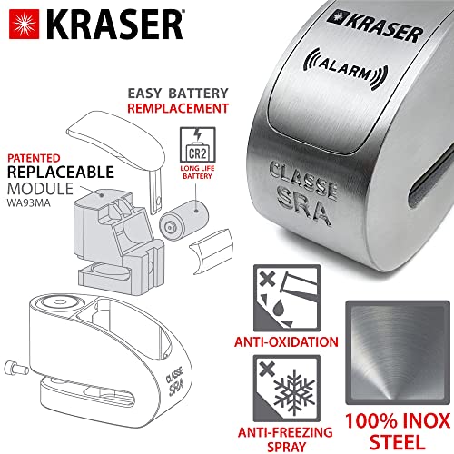 Kraser Kr10S High Security Motorcycle Disc Lock Alarm 120Db On/Off, Approved Ø10Mm-0.39" Shaft, Stainless Steel, Tested Disc Brake Lock, Heavy Duty Anti-Theft Alarm Lock For Motorcycles Cr2 Battery #TOP6