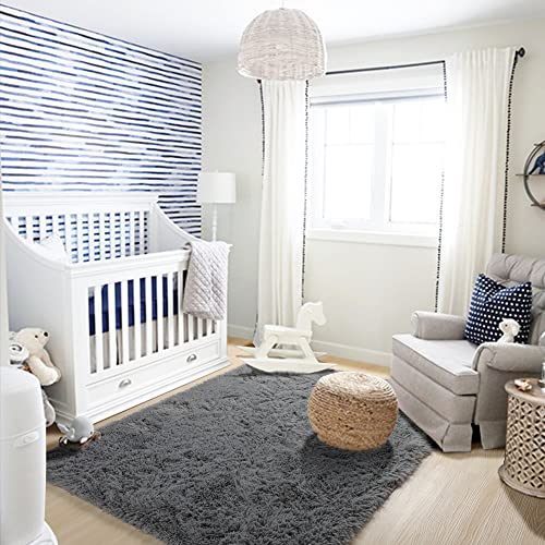 Gray Runner Rugs for Bedroom, 3x5, Fluffy Shag Rugs for Living Room, Furry Bedside Rug for Kids, Teen Boys, Shaggy Throw Rug for Nursery, Fuzzy Plush Grey Carpet, Rectangle, Cute Room Decor for Baby