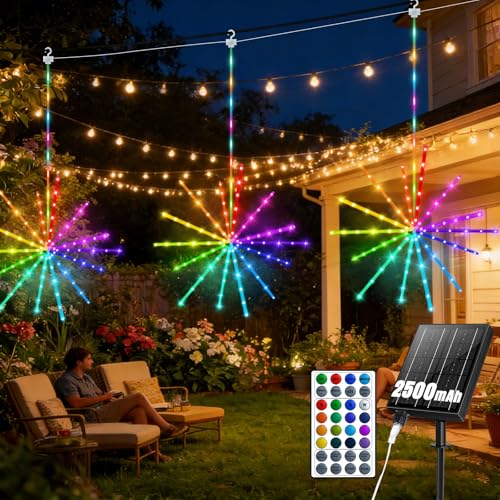 RJEDL 2500mAh Hängend Solar Feuerwerk Gartenlichter 16 RGB 3 Stücke 672LED Solarleuchten für Außen IP65 Wasserdicht 8 Modi&Timer Solarleuchten Garten Rasen für Terrasse Hof Balkon