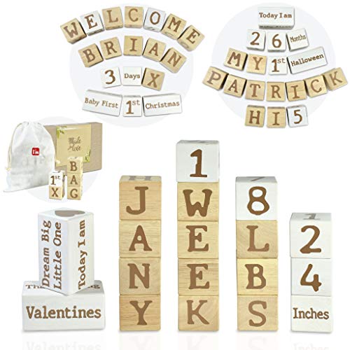 I'm Solid Wood Monthly Weekly Baby Milestone Age Blocks, Personalized Own Name, Gender Neutral, Newborn Gifts &amp; Keepsakes for Picture Props (1.9" / 18 Pcs/Brown)