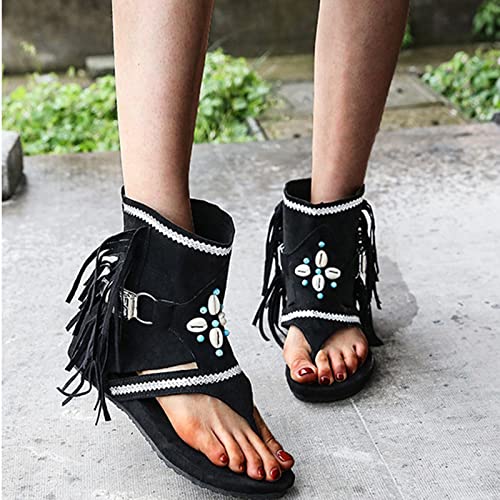 Boho Sandals for Women Roman Bead Gladiator Fringe Sandals Flat Clip Toe Ankle Boots Summer Suede Tassel Flip Flop Slippers4