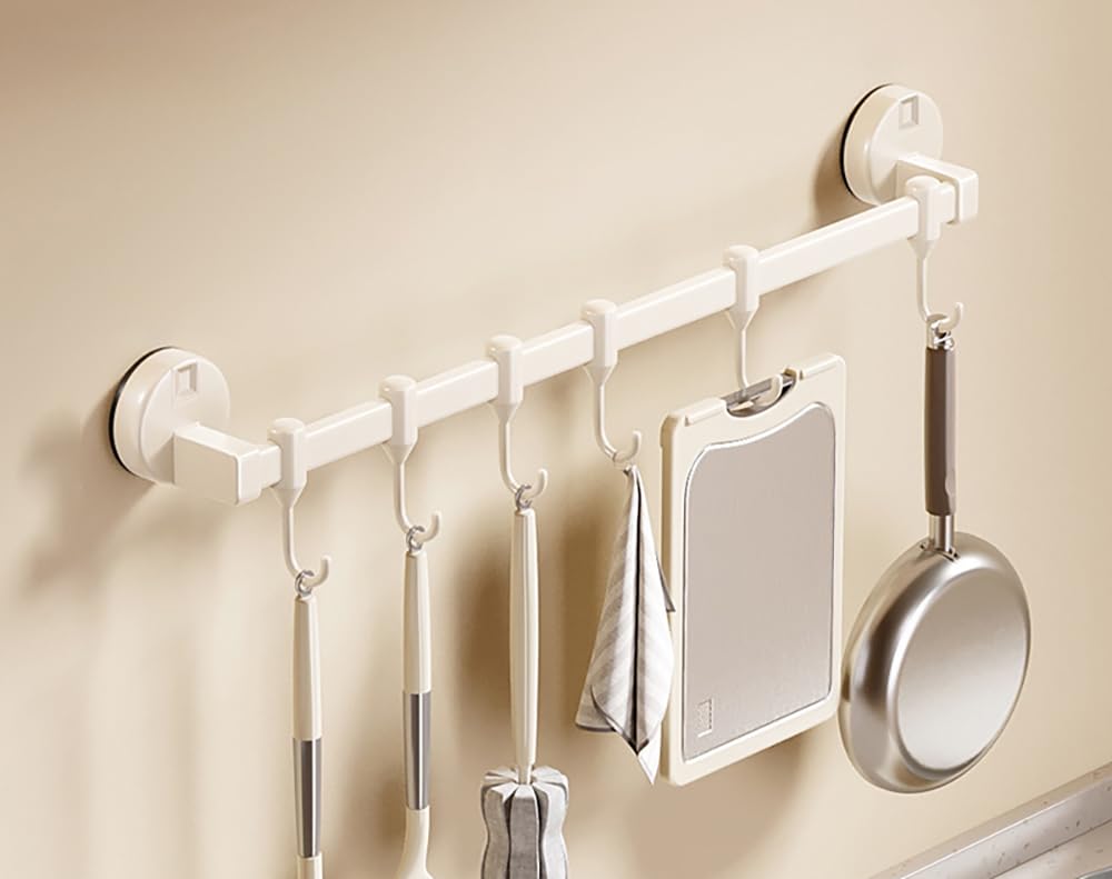 LNGFSH Wall Mounted Utensil Rack Suction Cup, Aluminum Hanging Kitchen Rail Removable Hooks, Hanger Organizer for Utensil (Beige,with 6 Hooks 40cm)