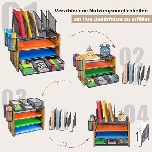 Whemyreat 4 Tier Mesh Desk Organiser Made of Wood and Metal, Black Paper Organiser - Image 3
