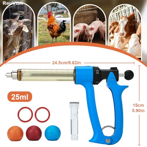 Image of 25ml Semi-Auto Repeating Livestock Syringe Gun, 5 Dose Settings | Ergonomic Grip, Clear Barrel & Luer Lock, Vet Injector for Cattle, Horses, Goats, Sheep & Pigs