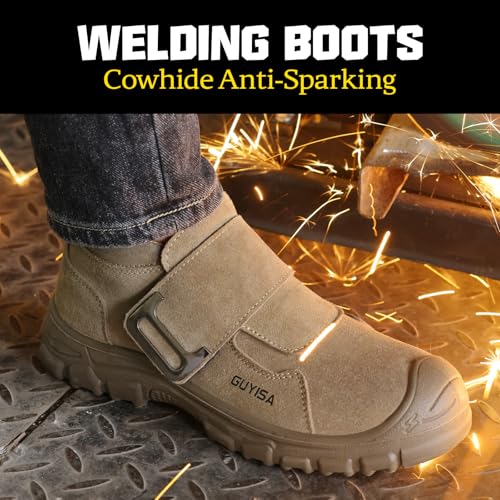 Image of GLANOUDUN Steel Toe Boots for Men, Welding Work Boots with Puncture-Resistant Midsole, High Top Hook and Loop Safety Footwear for Welding Workshop Construction Warehouse Factory