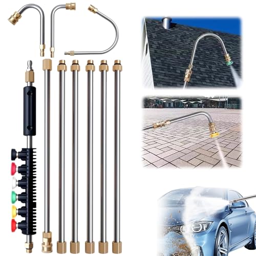 4000 PSI Telescoping High Pressure Washer Wand Set,2025 New 10 Pack Power Washer Lance with 5 Atomization Nozzle Tips,30°,90°,120° Curved Rod,for Gutter &Roof Drainage & Walls Cleaning (1 Set)
