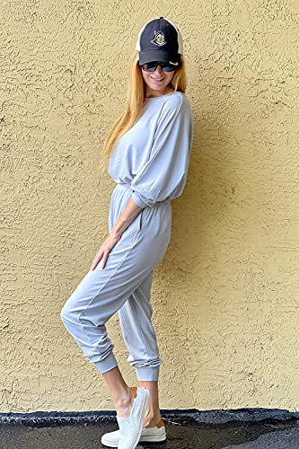 Prettygarden Women's 2023 Fall Fashion Outfits 2 Piece Sweatsuit Solid Color Long Sleeve Pullover Long Pants (Grey,Medium) #TOP1