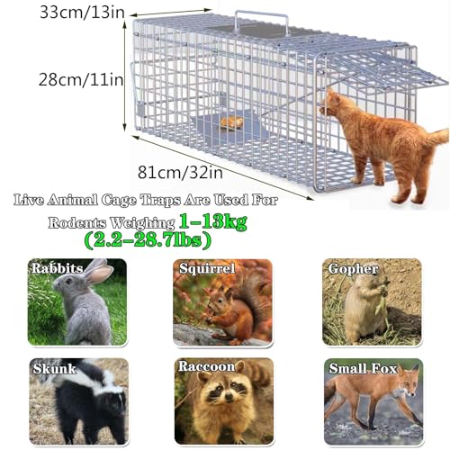 Live Cat Trap for Stray Cats 32 Inch, Foldable Humane Animal Squirrels Cage 1-13kg Large Live Traps for Raccoons for Feral Cats, Groundhogs, Rabbits(Silver)
