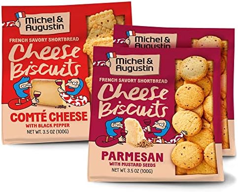 Michel et Augustin Gourmet Crackers Variety Pack: 2 Parmesan with Mustard Seeds and 1 Comté Cheese with Black Pepper, Savory Party Crackers, French Snacks, 3-Pack, 3.5 oz. Bags