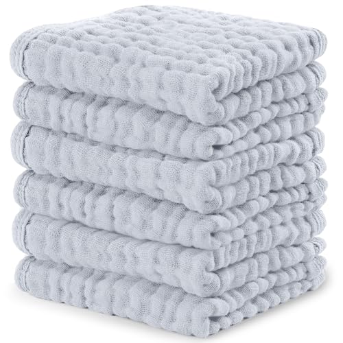 Image of Comfy Cubs Muslin Baby Washcloths 6 Pack - Soft 6-Layer Cotton Wash Cloths for Sensitive Skin - 10"x10" Large, Gentle, Absorbent Infant Essentials for Newborn and Toddlers - Slate