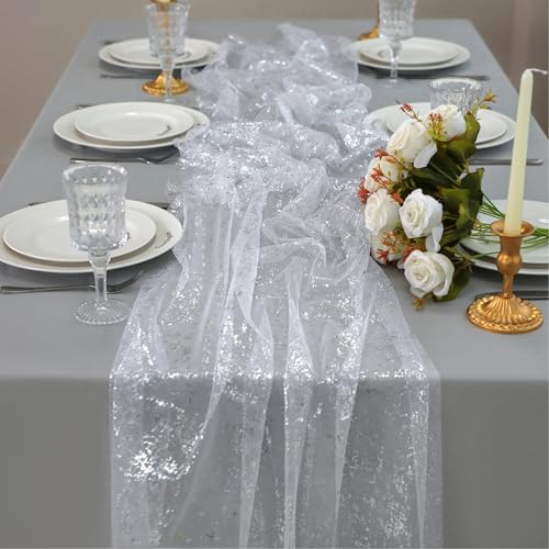 Chemin de Table Noël, Brillant Chemin de Table Argenté, Nappe à Paillettes Argentées, Tulle Rouleau Bobine, Ruban de Table Métallisé Decoration Table...