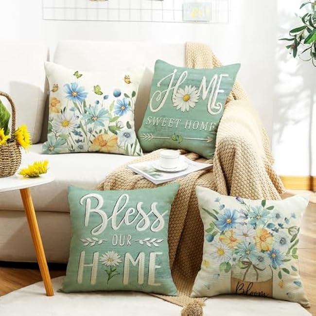 wyooxoo Spring Pillow Covers 18x18 Set of 4 Farmhouse Throw Pillow Covers Floral Decorative Cushion Cases for Sofa Couch Living Room Outdoor Home Decor