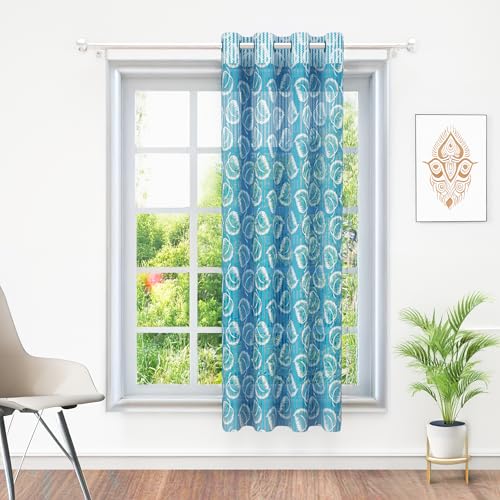 Image of Window Curtains 5 Feet Set of 10 | Leaf Design Transparent Sheer Curtain | Blue Polyester Window Curtain | Curtains for Living Room | 118 x 152 cm | Perfect for Home Decor
