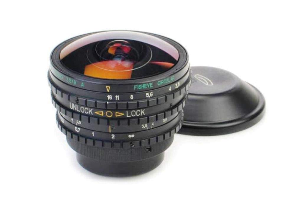 MC Peleng F 3.5 8 mm lens for use with Canon EOS mount cameras