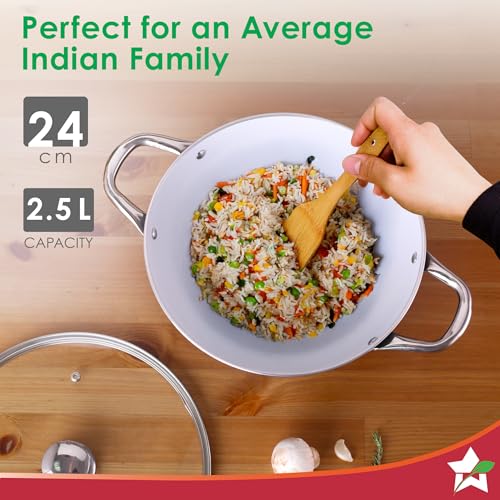 Image of Wonderchef Eco-Glide Kadhai with Glass Lid | | Chemical-Free Ceramic Coating | 24cm, 2.5L | Healthy, Low Oil Meals | Scratch-Resistant | Stainless-Steel Handle | Gas & Induction Compatible | Grey