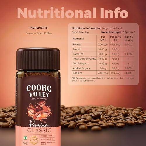 Image of Coorg Valley Premium Classic Instant Coffee 50g | 100% Pure Coffee | Freeze Dried | Bold & Strong Flavor