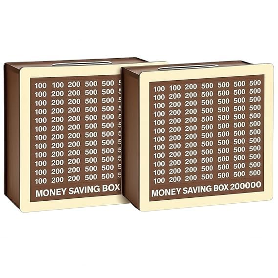 Image of Dr.MASHUR Wooden Money Saving Challenge Box with Printed Amount Board for Cash and Coin Collection, Reusable Saving Box for Kids and Adults (2lakh Money box-2pc, 2, Count)