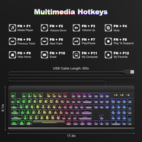 Image of Multiple Color Rainbow LED Backlit Large Size USB Wired Multimedia PC Gaming Keyboard