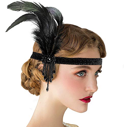 Bandeau Plume, Casque de Clapet ARPDJK des Années 1920 avec Perles, Accessoires Vintage pour Costume de bal de Mariage Carnaval, Bande de Cheveux en Plumes Noires pour Femmes