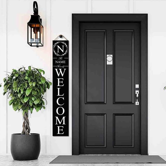 Wood Black Initial Family Name Welcome Sign for Porch Standing 48in×8in, Tall Custom Initial Last Name Vertical Leaner Farmhouse Welcome Sign for Front Door Deck Patio Yard Home Decorations