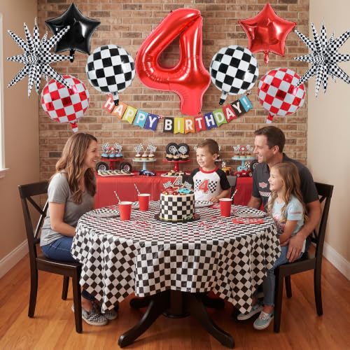 Image of TONIFUL Race Car Party Balloons Set - 40 Inch Red Number 4 Foil Balloon with Checkered Round, Explosion Star & Star Balloons for Boys 4th Birthday Car Themed Decorations, Photo Backdrop Supplies