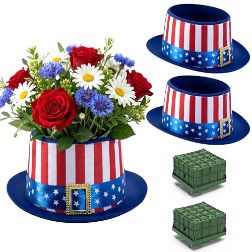 2 Pack Independence Day Hat Flower Pot Set, 4th of July Patriotic Top Hat Centerpiece with Flower Mud Box, DIY Red White Blue Hat Plant Pots Flower Arrangement Container for Veterans Day Party Decor