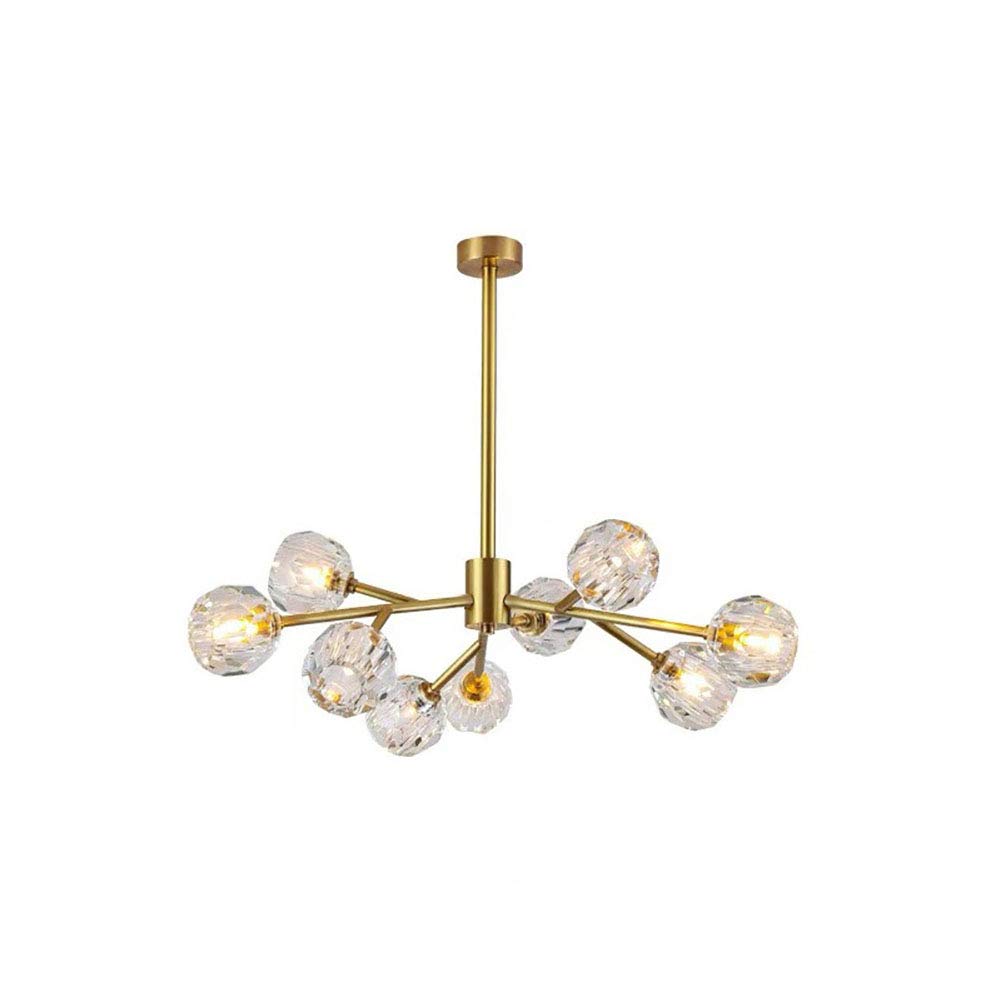 Lustre Sputnik élégant en Laiton avec Boules de Cristal, plafonnier Semi-encastré, Compatible avec Cuisine, Salle à Manger et Salon (9 têtes)