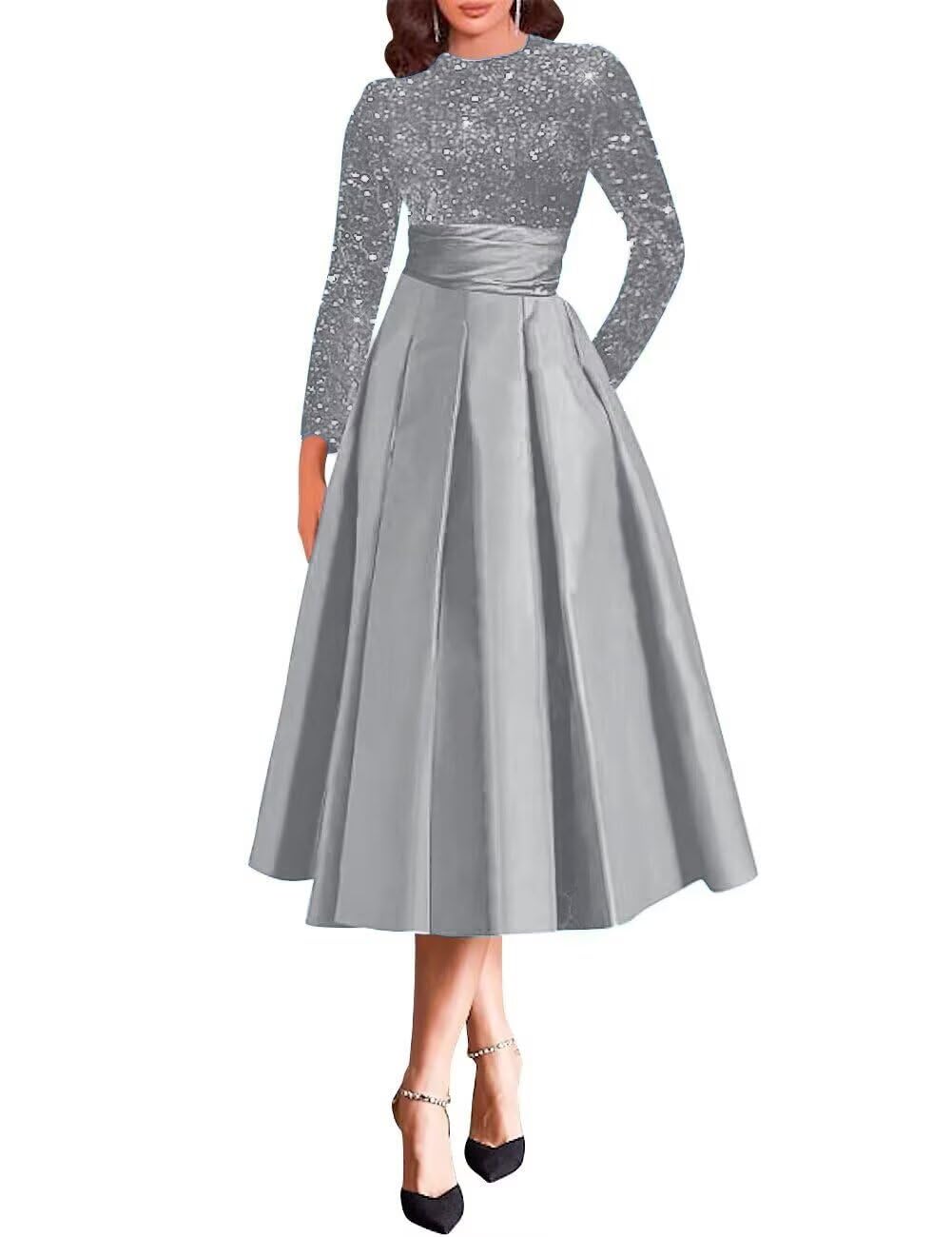 Sparkly Sequin Wedding Gown Long Sleeve Tea Length A Line Formal Dress Mother of The Bride Dresses for Women