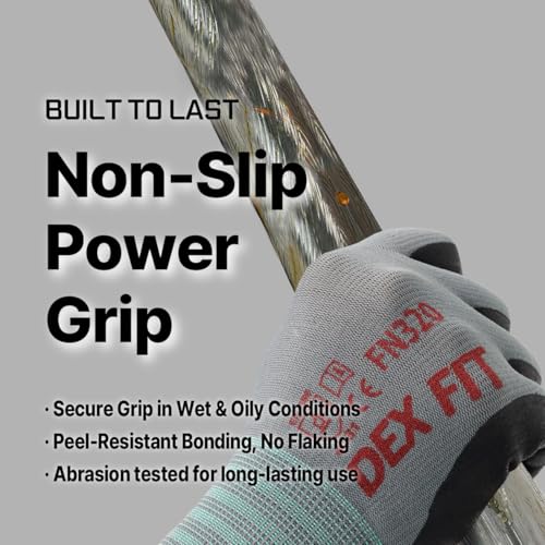Image of DEX FIT Nitrile Work Gloves FN320, 3D Comfort Stretch Fit, Power Grip, Durable Foam Coated, Thin & Lightweight Premium Nylon, Machine Washable, Grey 8 (M) 3 Pairs