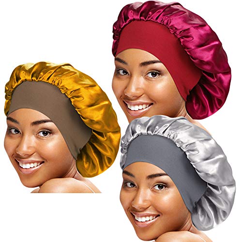 3 Pieces Wide Elastic Band Satin Sleep Bonnet Soft Night Sleeping Cap for Women Haircare