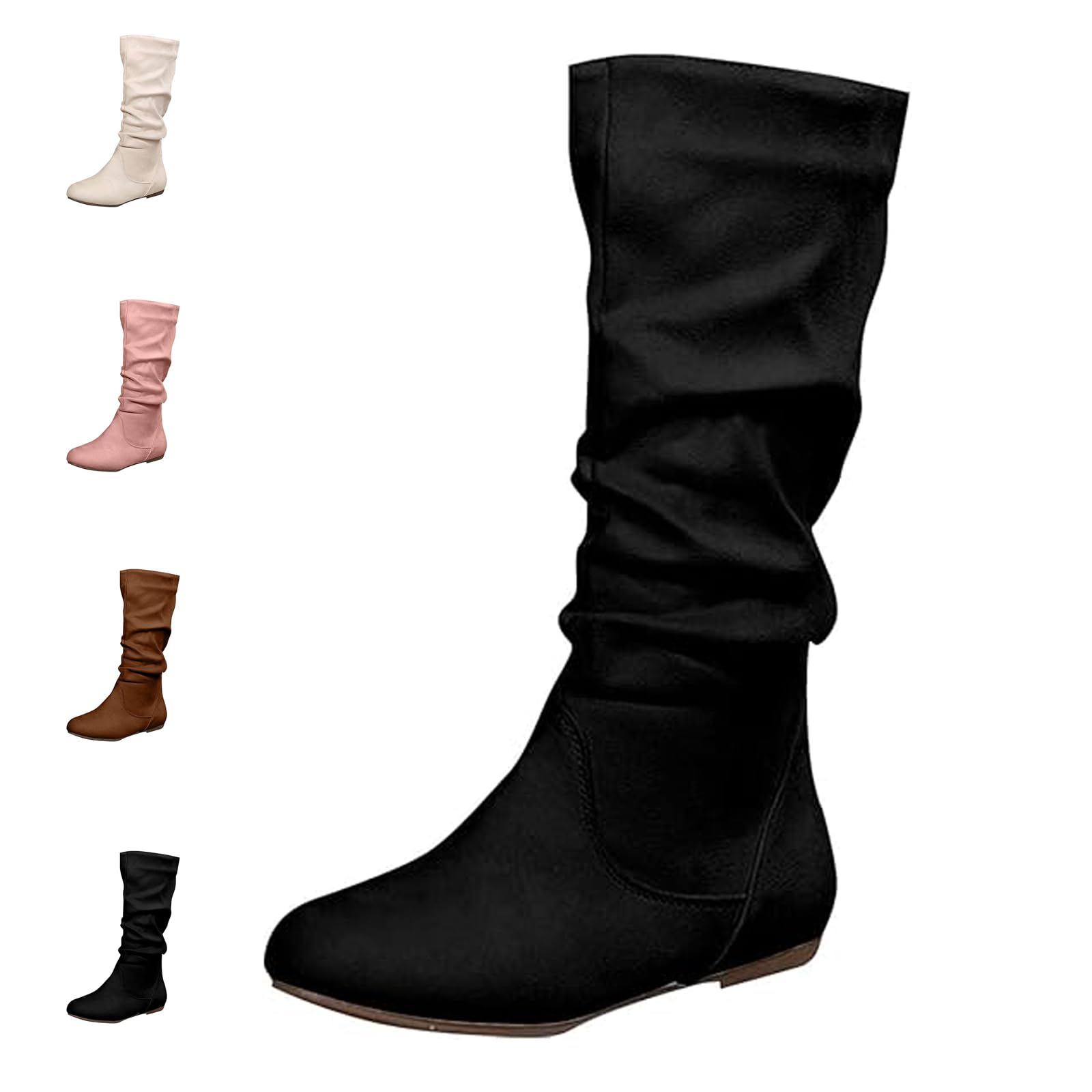 Womens Wide Calf Knee High Pull On Boots Comfortable Boots Suede Slouch Flat Boots for Women Side Zipper