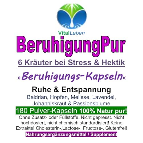 BERUHIGUNG, ENTPANNUNG 180 Kapseln PFLANZLICHES Beruhigungsmittel mit Baldrian Hopfen Melisse Lavendel Johanniskraut Passionsblume. Natürliche BERUHIGUNGSKAPSELN. OHNE ZUSATZSTOFFE. 26720-180