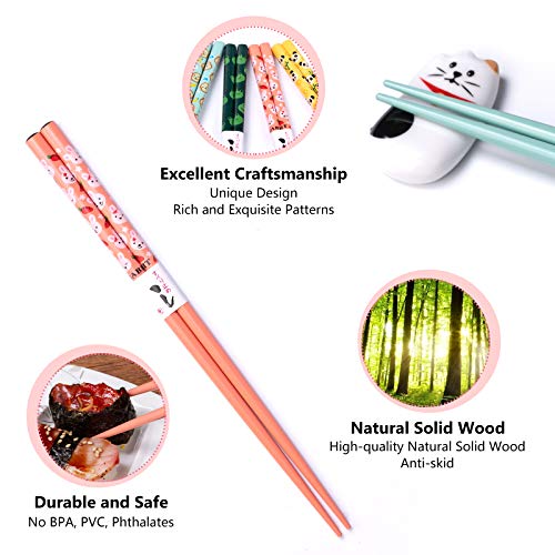 YUESHICO Chopsticks and Chopstick Holder - Cute Chopsticks and Lucky Cat Chopstick Rest Set, 5 Animal Chopsticks and Cute Lucky 5 Cats Natural Wood Reusable Chopsticks, Chopsticks Holder Gift Set