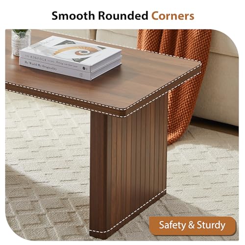 Image of Rectangular Fluted Coffee Table, Farmhouse Wood Coffee Table Mid Century Modern Center Table Boho Living Room Tables for Living Room Office (Walnut, 19.69 inch D x 43.3 inch W x 17.72 inch H)
